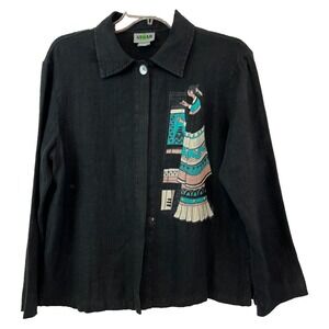 SUGAR Women's Top Size M Vintage Linen Black Native American Woman Art USA